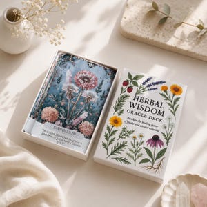 May include: A deck of Herbal Wisdom Oracle cards in a white box with botanical illustrations of flowers and herbs. The box cover features the text Herbal Wisdom Oracle Deck and Awaken the healing power of plants and ancient remedies. A card shows a dandelion.