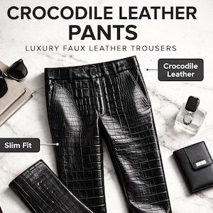 Pode incluir: Calças pretas de couro de crocodilo com corte justo, exibidas sobre uma superfície de mármore. As calças são acompanhadas por óculos de sol, uma carteira e perfume. O texto na imagem diz "CROCODILE LEATHER PANTS" e "LUXURY FAUX LEATHER TROUSERS".
