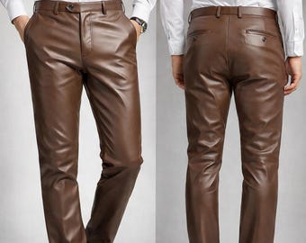 Pantalones de cuero marrón para hombre, pantalones de cuero ajustados para hombre, ropa formal e informal.
