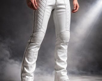 Handmade White Quilted Leather Biker Pants: Slim Fit Motorcycle Trousers