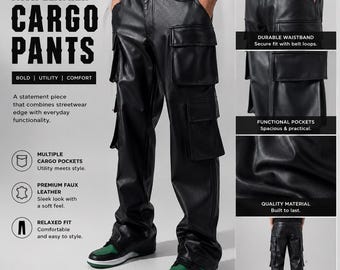 Black Faux Leather Multi Pocket Cargo Pants, Motorbike Street wear Trousers Punk Goth Fashion