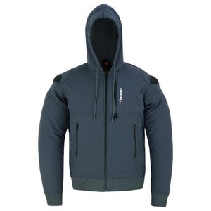 May include: A dark gray hooded jacket featuring a full-length front zipper, two zippered side pockets, and a single zippered chest pocket with the white text PROFIRST printed vertically. The garment includes ribbed cuffs and a ribbed hem.
