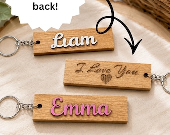 Personalized Wooden Name Keychain Custom bag charm Engraved luggage tag Key Ring gift for book bag, suitcase, diaper bag, and backpack.