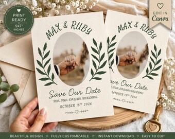 Modern Botanical Save the Date Template: Customizable Engagement Announcement (Digital Download)