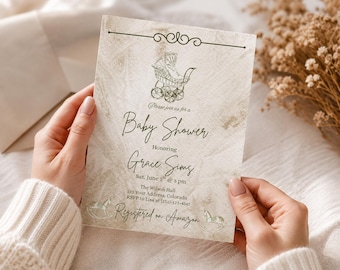 Vintage Baby Shower Invitation Template, Editable Canva Invite, Neutral Baby Shower Invitation, Instant Download, Printable Invite