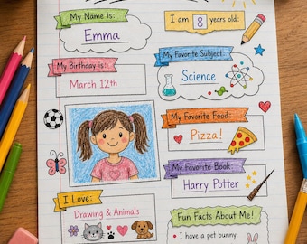 Kids "About Me" Worksheet | Colorful Printable, Back to School Activity (8.5x11 PDF)