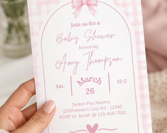 Personalized Baby Shower Invitation Template, Pink Gingham Baby Shower Invite, Baby Girl Shower Invitation, Canva Template.