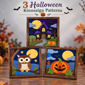 以下が含まれることがあります： ハロウィーンをテーマにした3つの正方形の額入り木目込みアート作品。1つはカボチャのあるお化け屋敷、1つは枝にとまったフクロウ、もう1つはジャック・オー・ランタンが描かれています。画像には「3 Halloween Kinusaiga Patterns」というテキストが表示されています。
