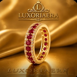 Anillo de banda de rubíes y diamantes Full Eternity, alianza de boda apilable de oro vintage para aniversario.