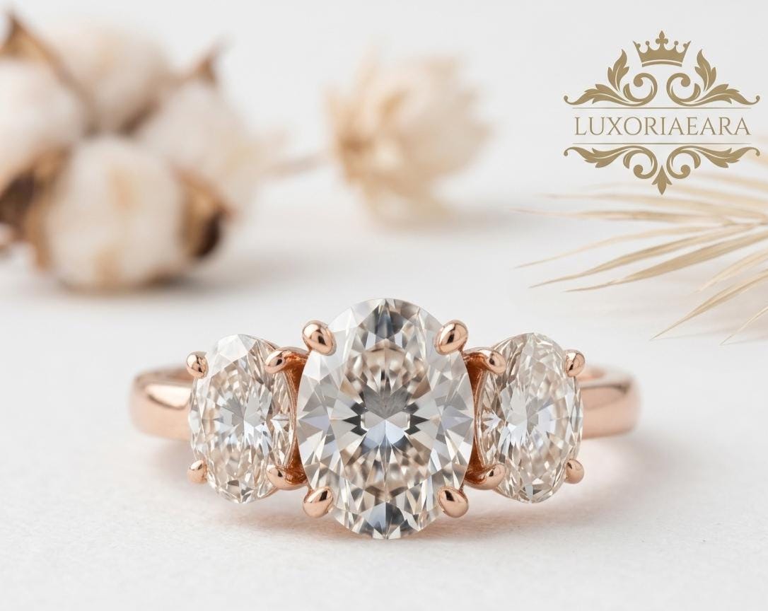 Oval Cut Moissanite Three Stone Ring, Rose Gold Engagement Ring ...