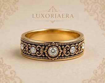 Antiker Gold filigraner Ring, viktorianischen Stil Zirkon Band, Hochzeit Ring mit Gravur