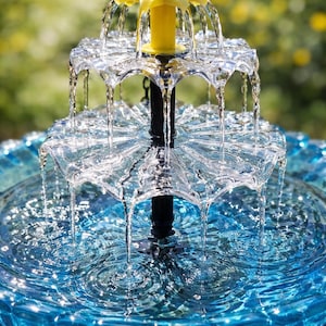 May include: A tiered outdoor fountain with water cascading down. The fountain has a blue glass base and clear, umbrella-shaped tiers. A yellow accent is at the top. The water creates ripples in the base.
