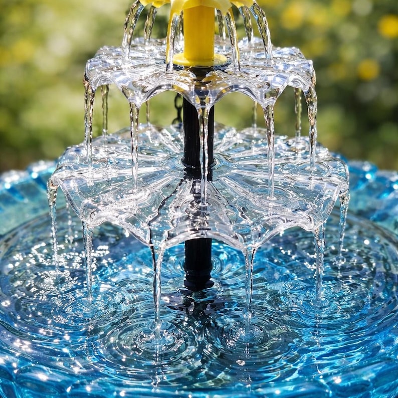 May include: A tiered outdoor fountain with water cascading down. The fountain has a blue glass base and clear, umbrella-shaped tiers. A yellow accent is at the top. The water creates ripples in the base.
