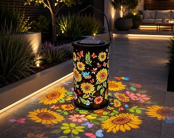 Lanterna Solar Girassol – Luminária de Jardim Metálica Impermeável com Projeção de Flores