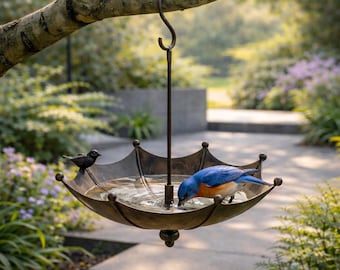 Baño colgante para pájaros con forma de paraguas, comedero para colibríes, decoración decorativa para jardín.