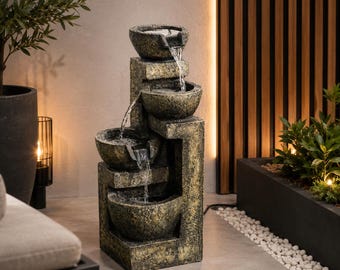 Modern 4-Tier Cascading Water Fountain – Stone-Effect Resin Garden Feature with LED Lights