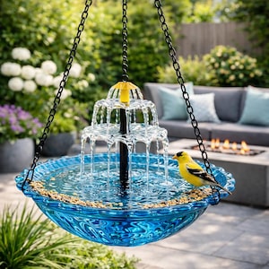 May include: A hanging, tiered fountain with a blue glass bowl and a black chain. A yellow bird perches on the edge of the bowl. The fountain has a three-tiered design with water cascading down. The background includes greenery and outdoor seating.
