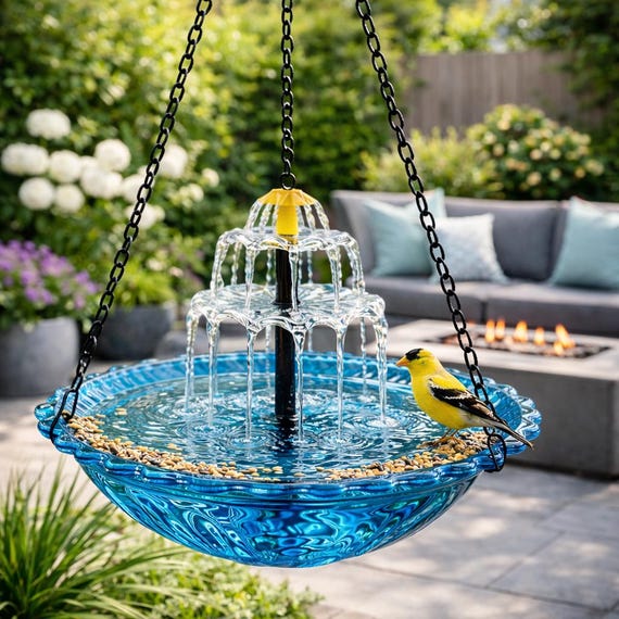 Hanging Bird Bath Fountain, Solar Powered Garden Decor, Blue Tiered Water Bowl