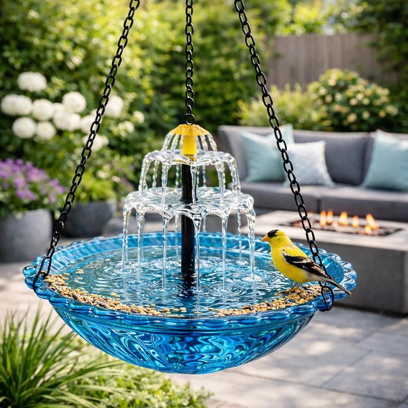 May include: A hanging, tiered fountain with a blue glass bowl and a black chain. A yellow bird perches on the edge of the bowl. The fountain has a three-tiered design with water cascading down. The background includes greenery and outdoor seating.