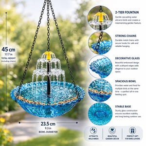 May include: A two-tiered hanging bird bath fountain with a blue glass bowl, 9.3 inches in diameter, and a total height of 17.7 inches including chains. The fountain attracts wild birds and is a beautiful garden d&eacute;cor.