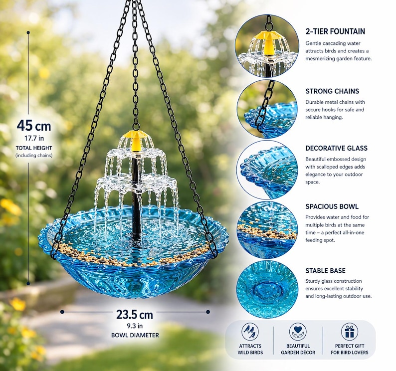 May include: A two-tiered hanging bird bath fountain with a blue glass bowl, 9.3 inches in diameter, and a total height of 17.7 inches including chains. The fountain attracts wild birds and is a beautiful garden d&eacute;cor.