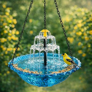 May include: A hanging bird bath with a cascading fountain design. The bird bath has a blue glass bowl with a decorative edge, filled with water and birdseed. A yellow and black bird perches on the edge. The fountain has a yellow top and is suspended by black chains.