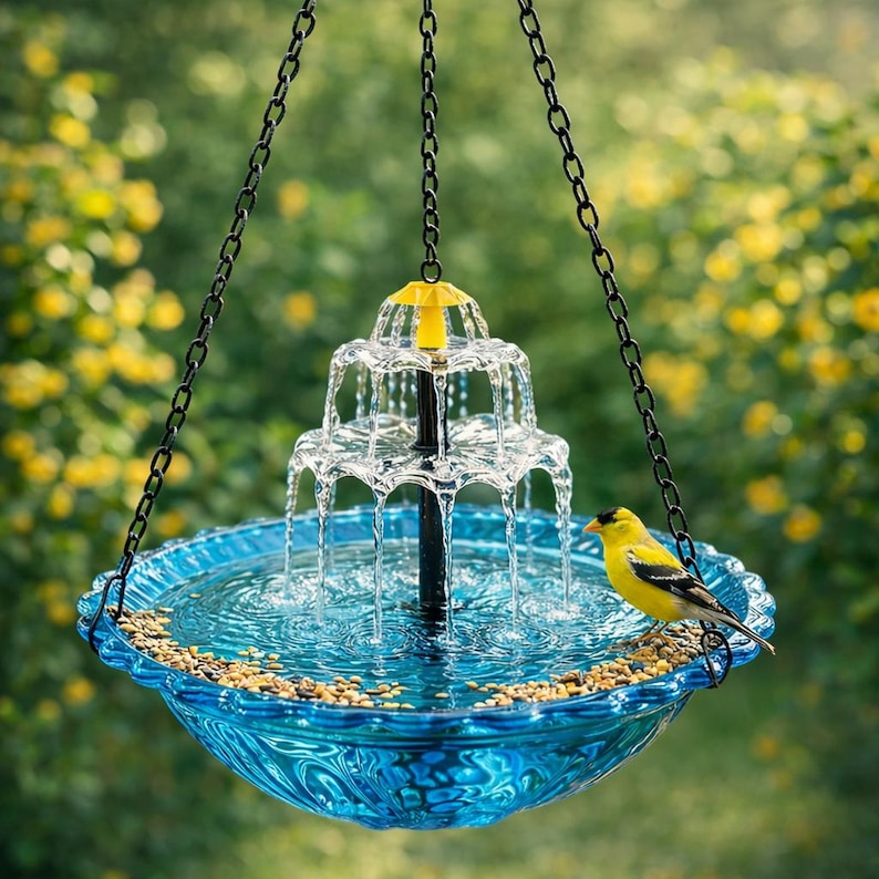 May include: A hanging bird bath with a cascading fountain design. The bird bath has a blue glass bowl with a decorative edge, filled with water and birdseed. A yellow and black bird perches on the edge. The fountain has a yellow top and is suspended by black chains.