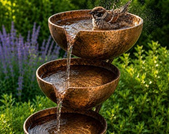 3-Tier Copper Bird Bath Fountain – Cascading Metal Garden Water Feature Stake