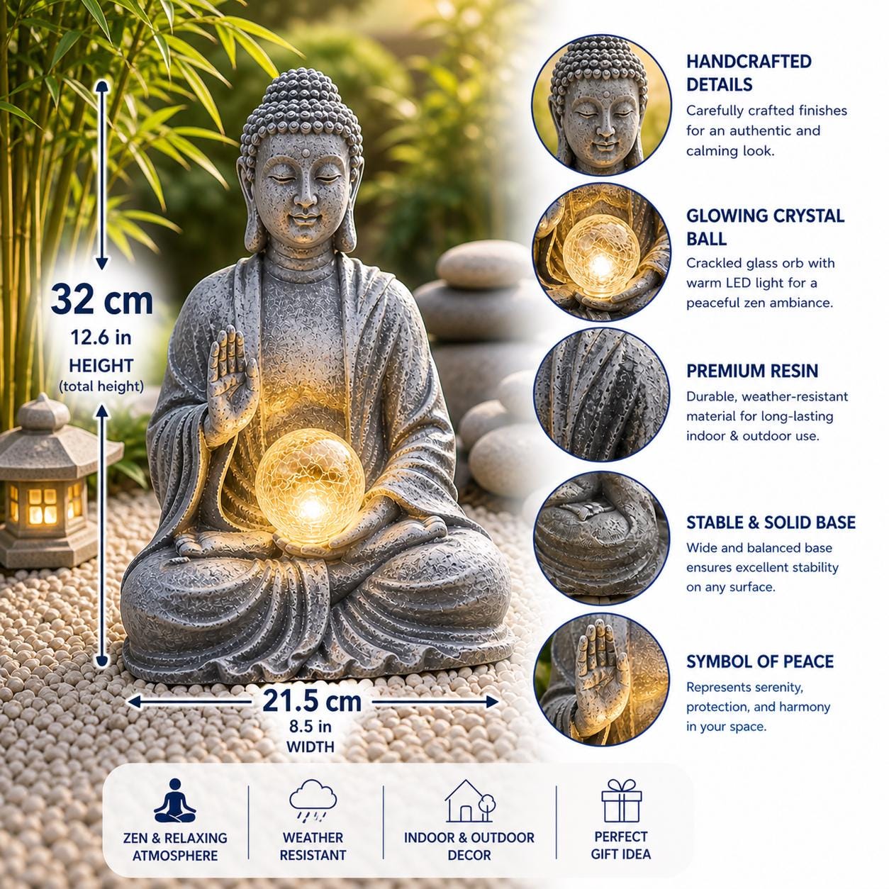 Solar Buddha Statue Garden Light, Zen Outdoor Decor, LED Crystal Ball ...