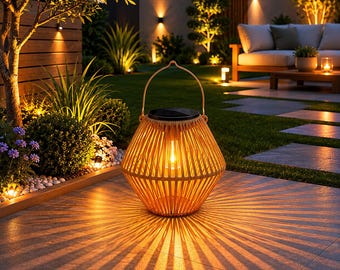 Solar Rattan Laterne, wasserdichte hängende Gartenlampe, Boho Terrasse Dekor, warmes LED Licht