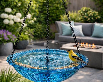 Hanging Bird Bath Fountain, Solar Powered Garden Decor, Blue Tiered Water Bowl