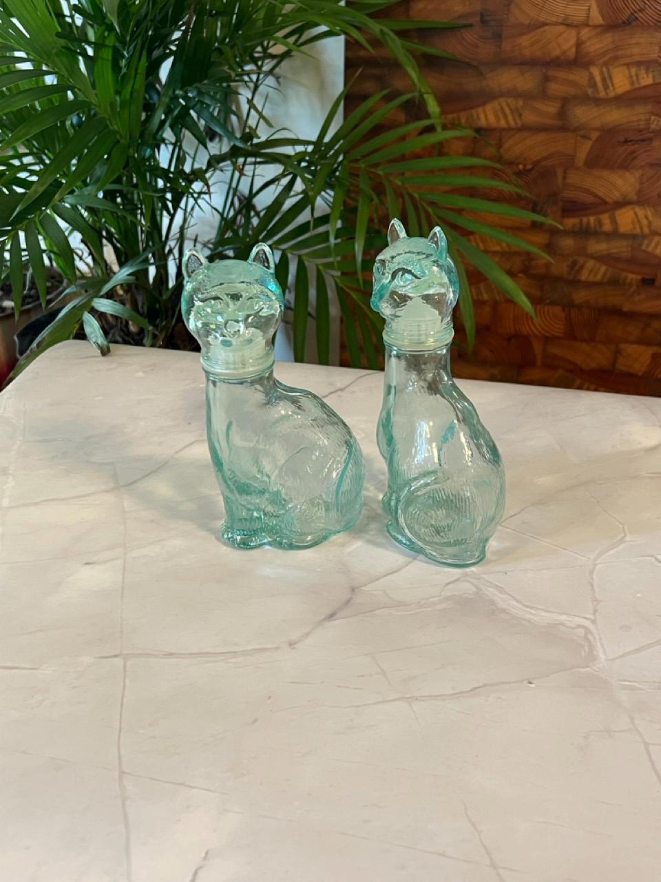 Vetreria Etrusca Glass Cat Bottles Set of 2 | MCM Italian | Aqua