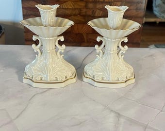 Vintage Lenox Aquarius Candlesticks | Ivory Porcelain 24K Gold Trim | Set of 2 | Made in USA | Hollywood Regency Decor | Candleholder Pair