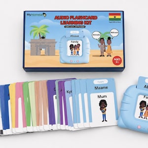 May include: An audio flashcard learning kit in a rectangular box with the text Audio Flashcard Learning Kit, Listen, Learn, and Translate, and Ages 3+. Includes a light blue electronic card reader and a set of colourful flashcards with illustrations.
