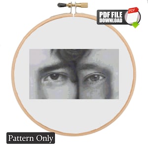 May include: A cross-stitch pattern featuring a grayscale portrait of a person's eyes, framed in a wooden embroidery hoop. The text "PDF FILE DOWNLOAD" and "Pattern Only" are visible.
