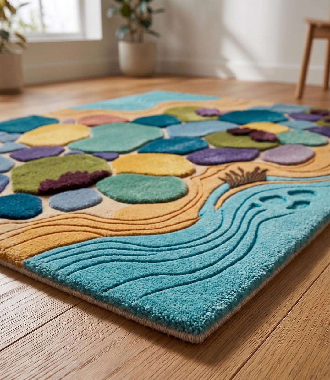 Aqua Blue Wavy River Rug, Abstract Pebble Stone Garden Carpet, Hand ...