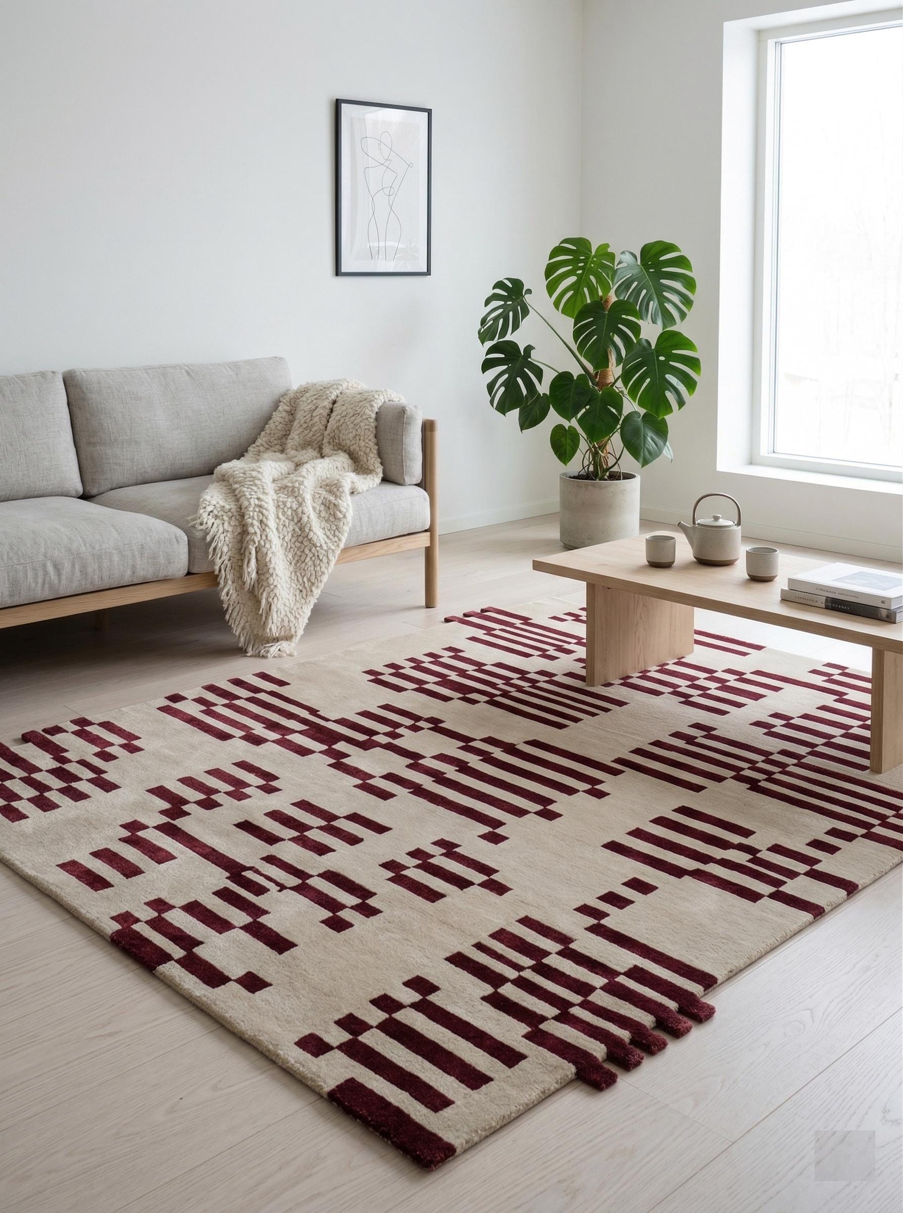 Handcrafted Burgundy & Ivory Geometric Rug - Scandanavian Style Wool ...