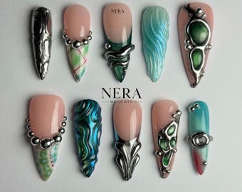 3D Cyber Gothic Press On Nails | Silver Chrome Liquid Metal Nails | Luxury Handmade Y2K Alien Nails | Abstract Blue Cat-eye Fake Nails