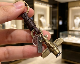 Vintage Leather Airplane Keychain, Handmade Metal Charm, Aviation Accessory, Unique Gift for Travelers, Adventurer Key Ring
