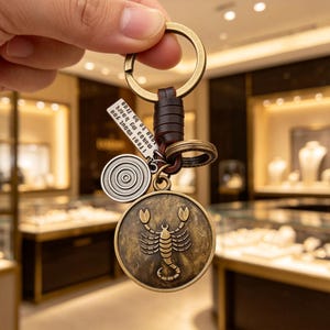 May include: A bronze-toned keychain featuring a circular medallion with a raised scorpion emblem, a smaller circular charm with concentric rings, and a rectangular metal tag engraved with the text I feel about you more as my heart long to be free.