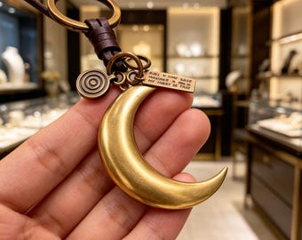 Moon Keychain, Handmade Brass Charm, Crescent Pendant, Vintage Keyring, Unique Gift for Him & Her, Lucky Accessory, Boho Charm