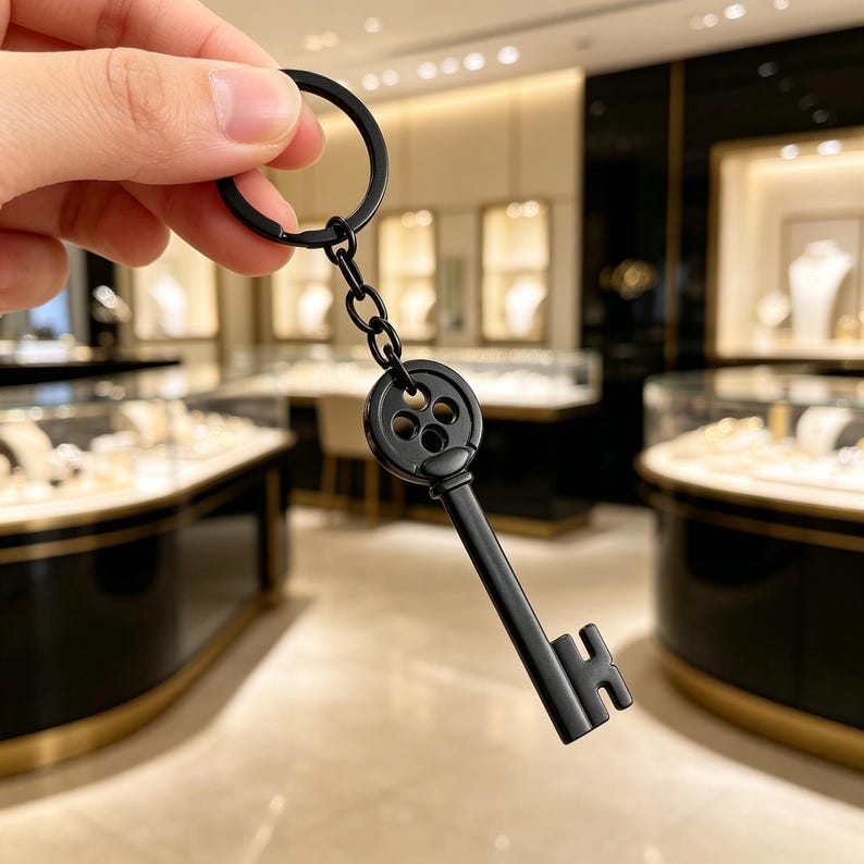 May include: Black key-shaped keyring with a round top and a keyhole design. The keyring is attached to a chain and a circular ring. The background is a jewellery store with display cases.