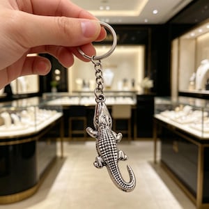 May include: A silver-colored alligator keychain. The alligator is detailed with textured scales and features a chain and a keyring. The background is a jewelry store with display cases.