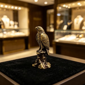 Pode incluir: Uma pequena estatueta de águia em metal dourado pousada sobre uma base texturizada semelhante a um toco. A águia está representada em posição ereta com detalhes de penas esculpidas nas asas e no corpo, exibindo uma superfície polida.