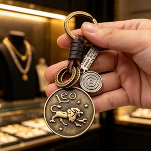 May include: A bronze-toned metal keychain featuring a circular Leo zodiac medallion with a lion relief and stars. It includes a dark brown leather strap, a small silver-toned circular charm with concentric rings, and a rectangular tag with text.