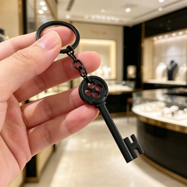May include: Black key-shaped keyring with a round top featuring four circular cutouts. The key has a long stem and a classic keyhole design. The keyring includes a chain and a circular ring.