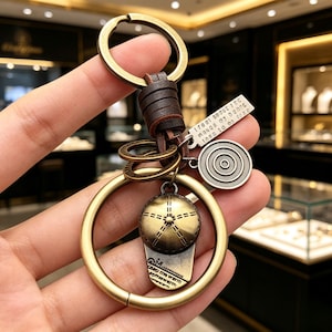Vintage Bronze Miner Helmet Keychain Dark Leather Wrap Engraved Quote Multi Charm Key Ring Mining Worker Bag Gift For Him