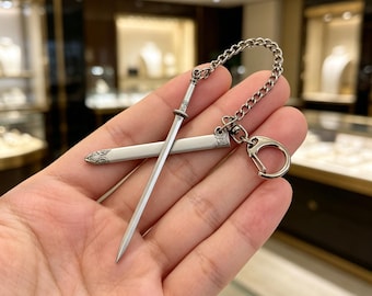 Vintage Engraved Silver Sword Keychain, Samurai Katana Bag Charm, Fantasy Accessory