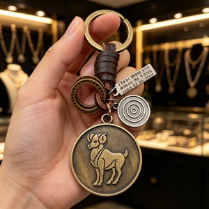 May include: A bronze-toned keychain featuring a circular medallion with an embossed ram figure. The keychain includes a dark brown leather wrap, a small silver-toned rectangular tag with the text I feel among you makes my heart long to be free, and a small circular charm with concentric rings.