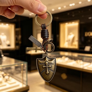 May include: A bronze-toned metal keychain featuring a shield-shaped pendant with a central cross and Cyrillic text. The pendant is attached to a dark brown leather strap, a circular ring, a small cross charm, and a rectangular metal tag with text.